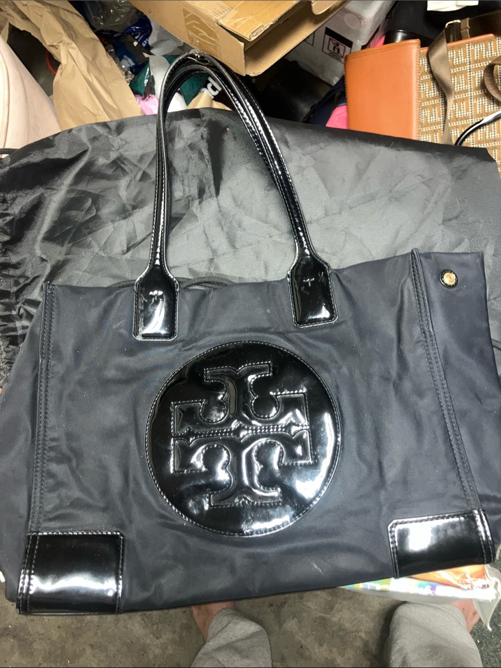 Tory Burch Black Nylon Tote with Patent Logo Trim - Picture 3 of 8
